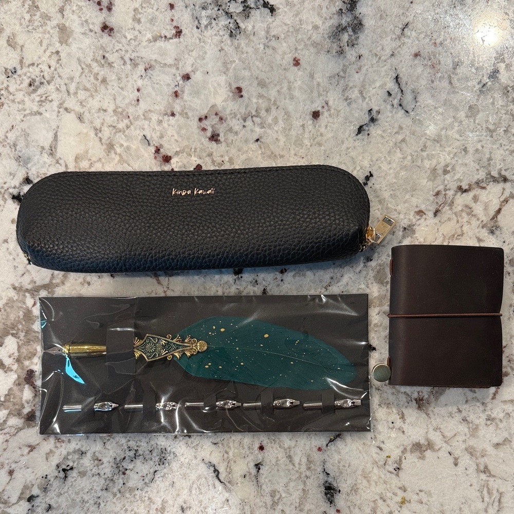 Kinda Kawaii Black Leather Pen Case with Pen and Notebook